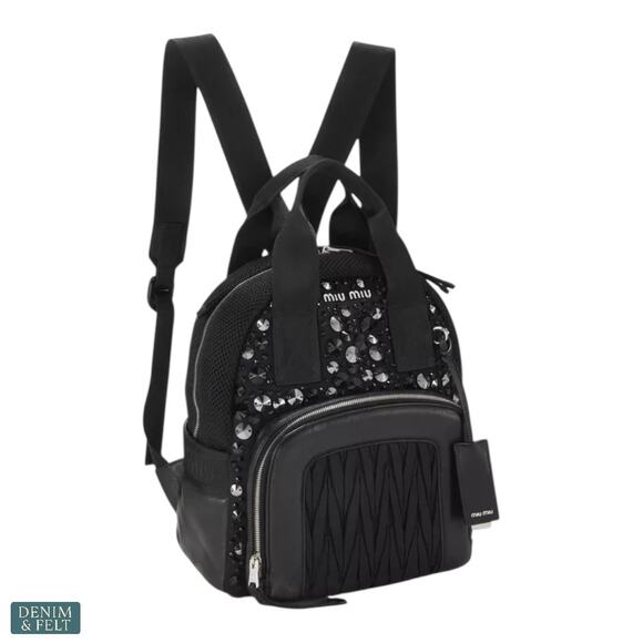 MIU MIU Black Faille Crystal Embellished Beaded Leather Trim Mini Luxe‎ Backpack main image 14